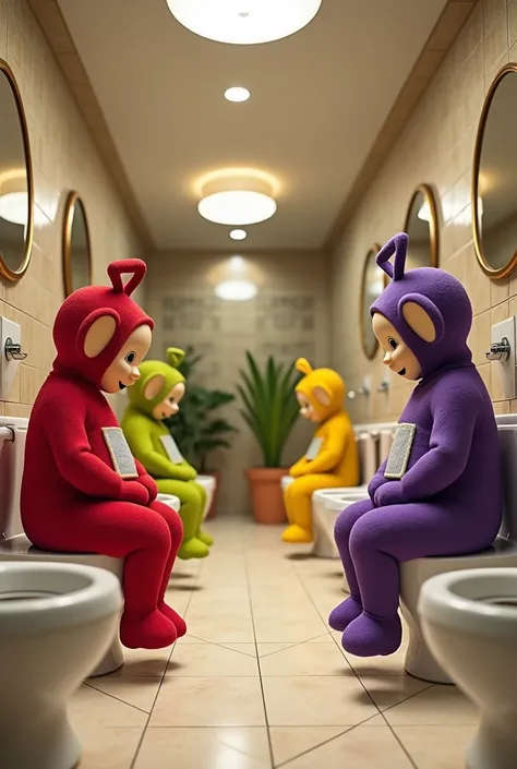 The teletubies sitting on toilets in the bathrooms of a shopping mall in Dubai