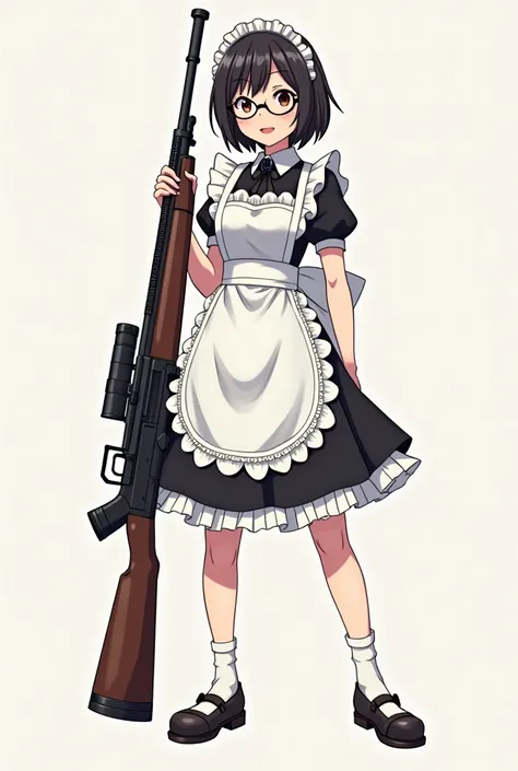 20-year-old woman wearing glasses and maid dress holding a rifle, Full body image anime version 