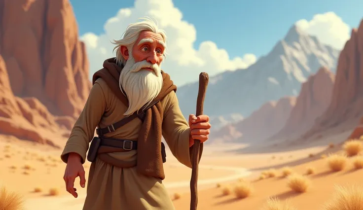 Generate in cinematic 3D cartoon style 
close up of a haggard face old Moses, white hair, trudging through the desert with a staff in hand, mountains in the background