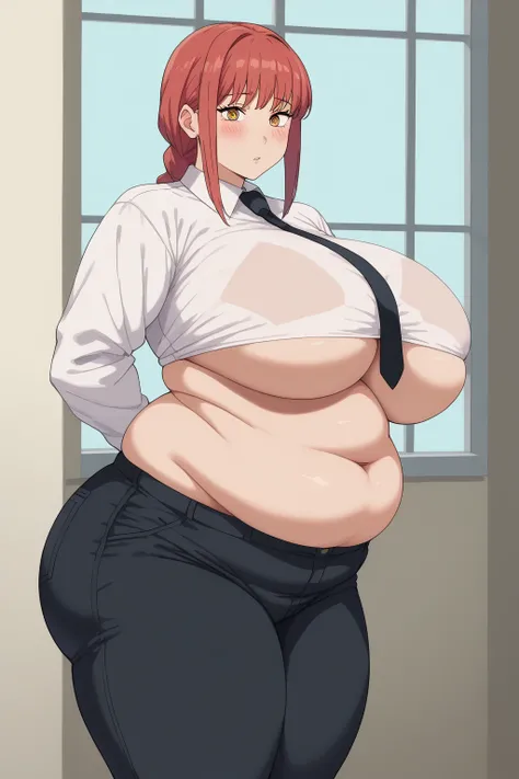 Makima, makima,　 long hair, , bangs,  shirt,  Long Sleeve ,  yellow eyes, white  shirt,  braided , Thighs, Red Hair,  ties, collared  shirt, Black pants The pants are torn and the pants are visible,  Window , black  ties,  score_9,   score_8_up,   score_7_...