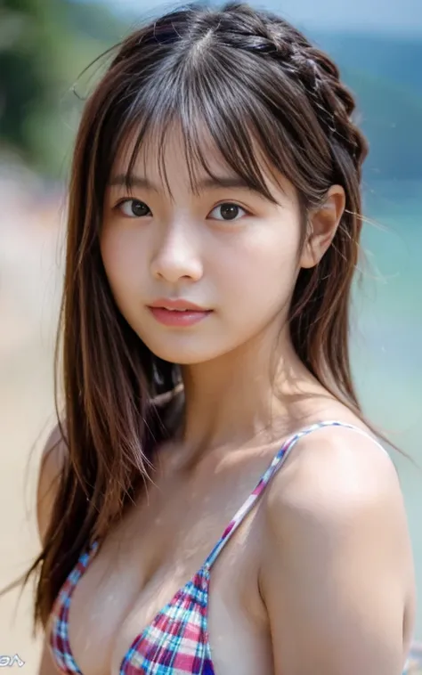 (8k、 live action、 RAW photos 、 top quality、  masterpiece on penis ：1.2),(summer,  glossy lips on the beach , front lighting:1.2),((  perfect lighting )),(濡れたhair), watching the audience,( standing posture :1.4), strong,( Erotic ),18 years old,student, whit...