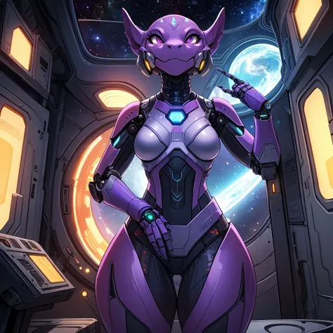 single female, furry, metallic, light purple, robotic, anthro, kobold, short, small breasts, thin body, standing in space ship, science fiction, looking out window, galaxy, stars, high quality, masterpiece, dark lighting,
