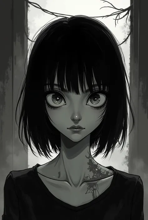 cartoon character, 
look at the camera, 
a dark and contrasting concept art, 
inspired by Tite Kubo, 
malnourished, 
in comics, 
zomboid. very detailed, 
incredibly skinny, 
woman short and straight hairstyle, 
enigmatic metaverse, 
styled by Dan Mumford, ...