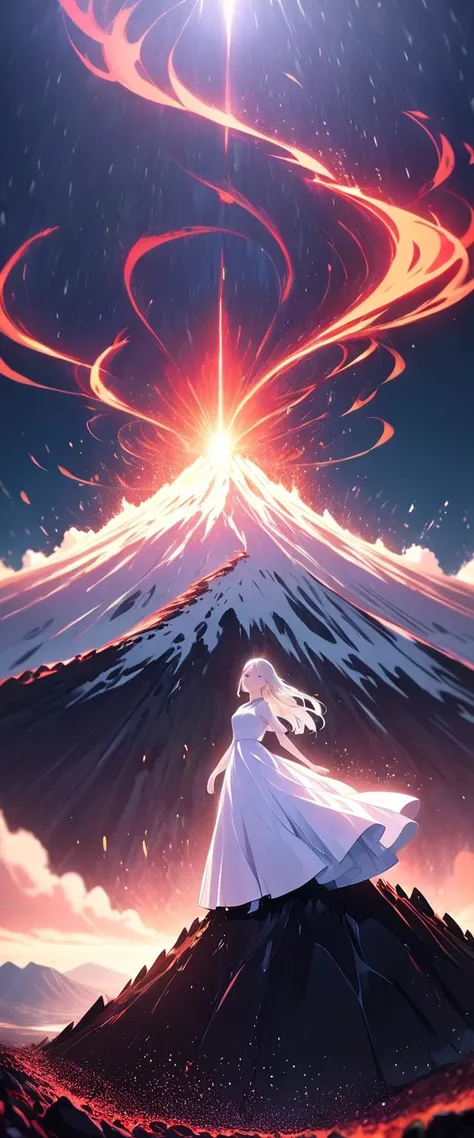  Erupting Volcanoes ,Girl standing on a volcano , dress, No Emotion, poses like a model, shot from the ground,bailing_light element,bailing_particles,