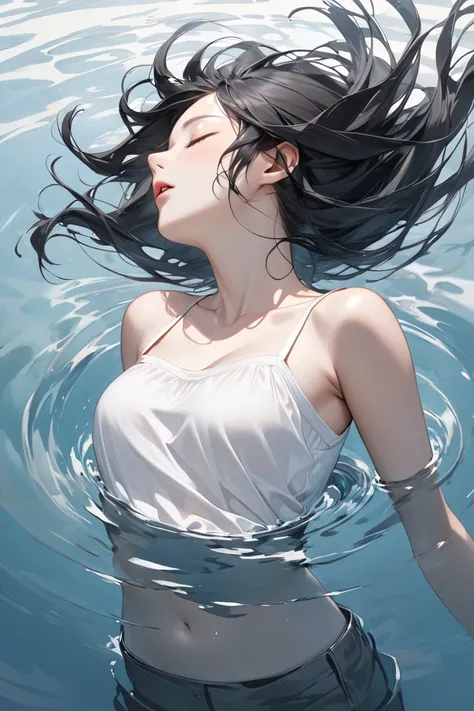 Ultra-realism

drowning woman
floating on the water surface
closed eyes
The mouth is open
black hair
white long length camisole
hip line
top view