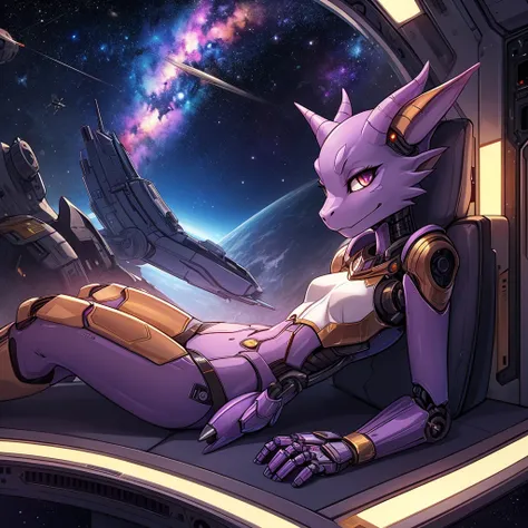 single female, furry, metallic, light purple, robotic, anthro, kobold, short, small breasts, thin body, laying down in  space ship, science fiction, looking out window, galaxy, stars, high quality, masterpiece, dark lighting,
