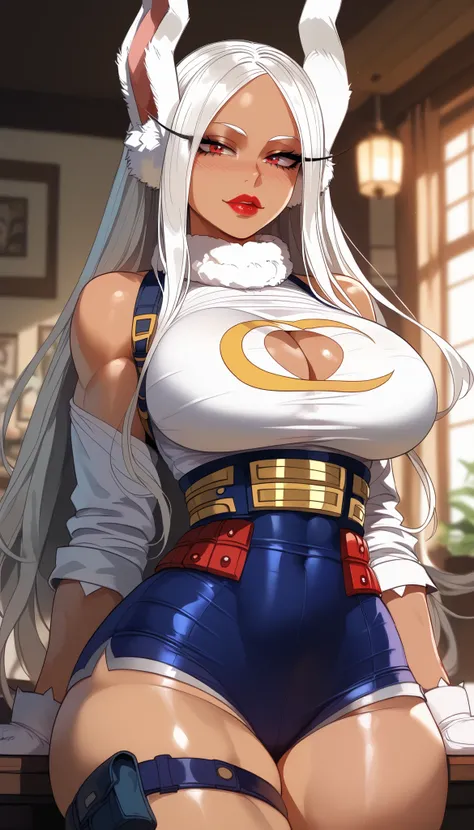  perfect eyes、 perfectly sexy face、 ultra detailed、ultra perfect eyes、Rumi Usagiyama、calm、 Boku no Hero Academia 、 long straight hair 、shiny hair、( Big breasts ), showing cleavage、Tight Waist、 thin waist 、 Thigh straps 、 shiny skin、pele morena、Beleza、eroti...