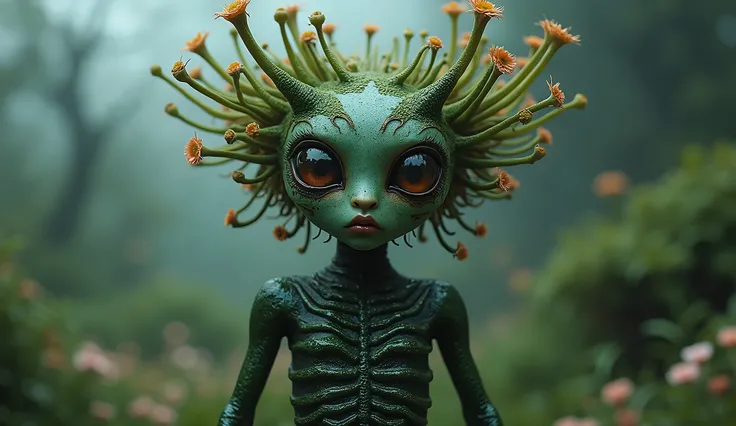 Deep black copper plant goddess demon of nature made of plants of Silent Hill,chinesse pixie,A charming and fascinating creature with otherworldly forms that blend the best aspects of the monster human form and the innocent charm of a precocious , once pre...