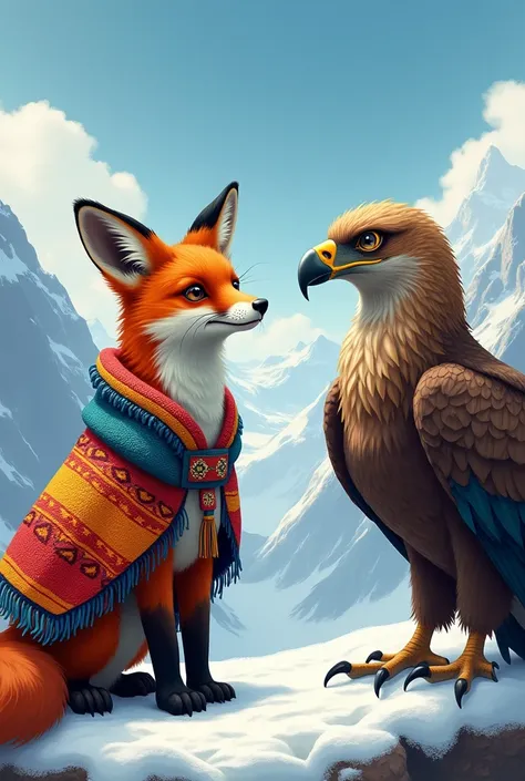 Fox with a Cuzco poncho and Condor from Los Andes talking in a snowy area  