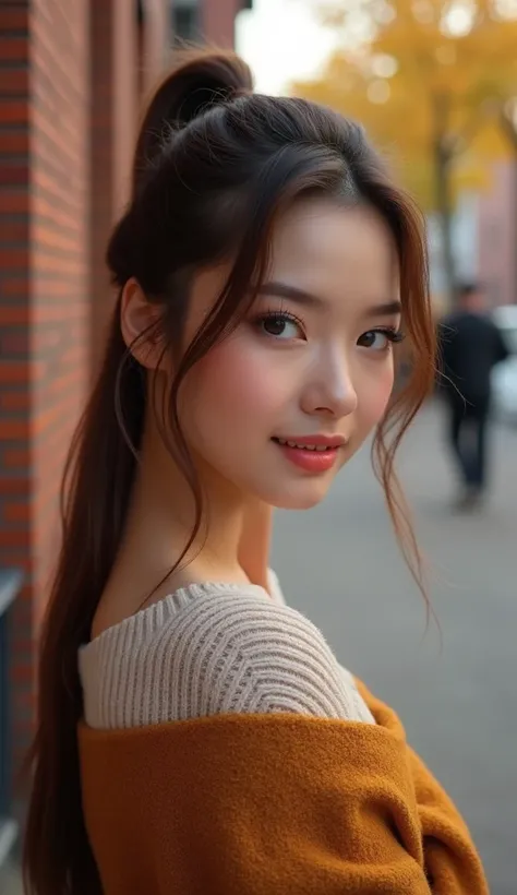 It is autumn 2024 and there is a young, beautiful woman with a ponytail. She is dressed in autumn clothes and her light make-up adds a touch of freshness. The bricks of the street shine in warm shades.
Photorealistic, Masterpiece, Top quality, RAW photo, O...