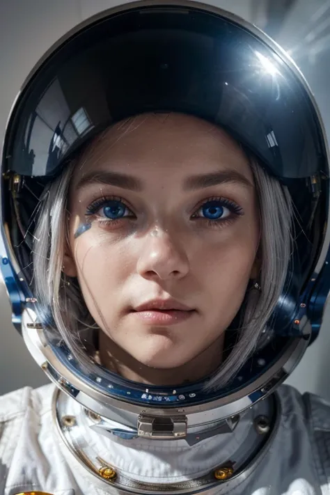  Close-up of the best masterpiece :1.5)0.9], (Space and astronauts:1.2) ( Loose silver hair:1.1) (Heterochromia:  xanthochromia and blue eyes :1.2) (Space helmet:1.0) (Colored stars in the eyes:1.0) (Shining light:1.1) (full lips:0.9)