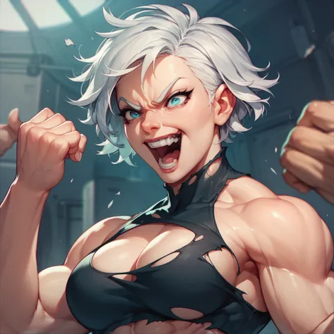 woman, muscle mommy body,  short white hair , cyan blue eyes, wearing a torn black top , Furious smile, s hand looking at the observer ,  making a lot of force with a furious face, Screaming with enough force and fury