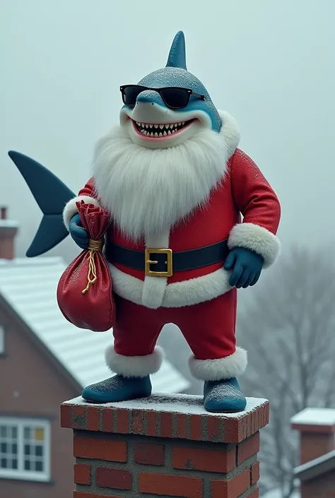 Shark dressed as Santa Claus with dark glasses big beard on top of chimney with gift bag 