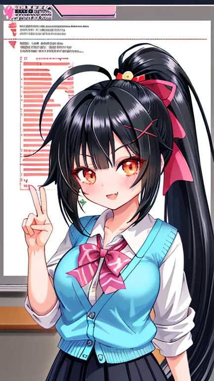 beautiful girl,, Beauty, penetrates, ponytail, black hair, smile, embarrassing, cardigan, check long skirt, peace sign, in class room, long hair, straight hair, shiny hair, lone nape hair, huge ahoge, ribbon, x hair ornament, the number of fingers and bone...