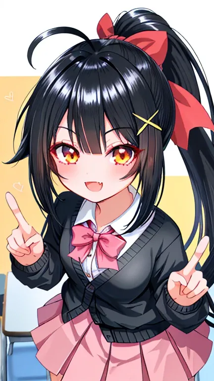 beautiful girl,, Beauty, penetrates, ponytail, black hair, smile, embarrassing, cardigan, check long skirt, peace sign, in class room, long hair, straight hair, shiny hair, lone nape hair, huge ahoge, ribbon, x hair ornament, the number of fingers and bone...