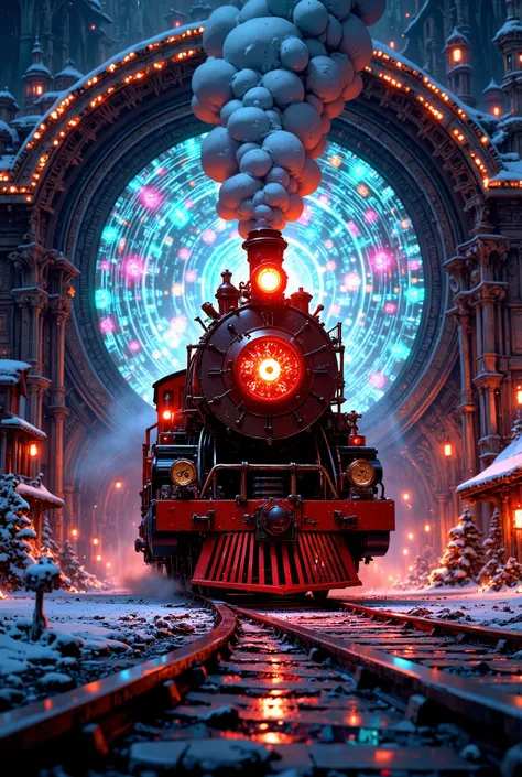 Новогодние праздники красный паровоз выходит из portalа.  the train has a clock on the front. portal, from which he comes out ,  is magical and the locomotive glows brightly .