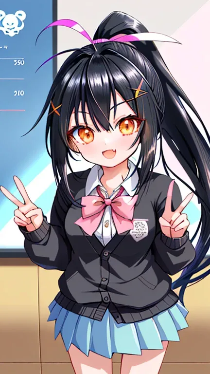 beautiful girl,, Beauty, penetrates, ponytail, black hair, smile, embarrassing, cardigan, check long skirt, peace sign, in class room, long hair, straight hair, shiny hair, lone nape hair, huge ahoge, ribbon, x hair ornament, the number of fingers and bone...