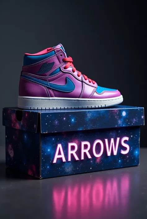 Sneaker box with the word ARROWS on the box and want a down to up arrow from the back on the Sneaker as a logo ,  galaxy theme Sneaker 