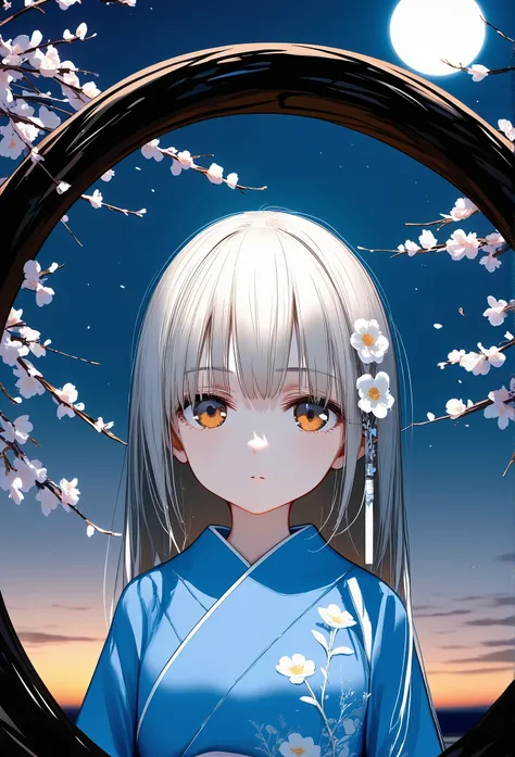 Surrealism,Charcoal Drawing,best quality,highly detailed,1girl,chibi,trk,wearing blue kimono,sakura flower patterns,flower hair ornament,calm expression,night sky background,full moon,round frame,cherry blossoms,soft lighting,romantic atmosphere,intricate ...