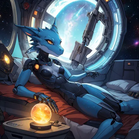 single female, furry, metallic, light blue, robotic, anthro, kobold, short, small breasts, thin body, laying down in space ship, science fiction, looking out window, galaxy, stars, high quality, masterpiece, dark lighting,
