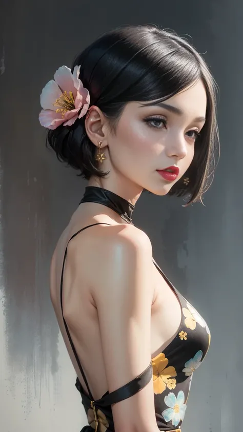 2D, NSFW, pastel color, watercolor paiting, 
linear art, 
ankymoore, 1girl in, Solo, Inner bob cut hair, Simple background, Black hair, Dress, Simple gold ring earrings with the same design on both ears, Upper body, flower, earrings, dull black eyes, Pale ...