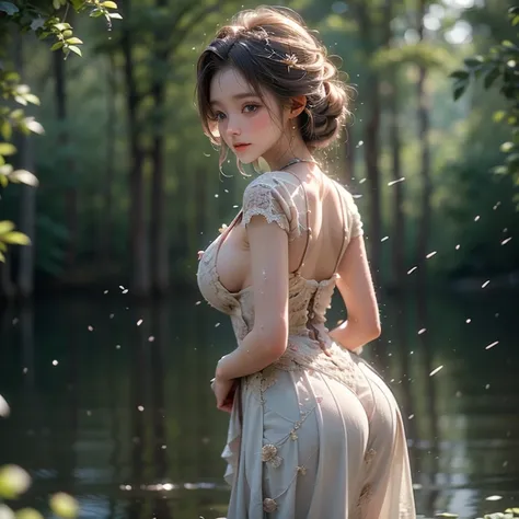 (((Fantastic Forest in the Dark Night ))),((( Mysterious Lake in the Forest with Fantastic Fireflies Flying in the Dark Night))), Two Beautiful Women Intertwined Naked 、Two Instagrammers、 A Fascinating Woman、 Bitch、( realistic , realistic の1.37),（8k，born、 ...