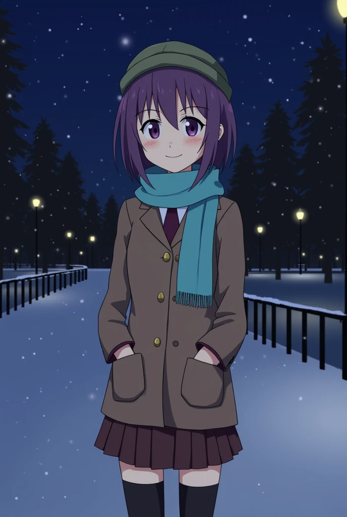 masterpiece, best quality, highres, detailed face, face focus, anime coloring,
night, winter, snow, park, trees, street lights, dim lighting,
1girl, solo, looking at viewer, hands in pockets, smile, blush, cowboy shot,
hitagisenjougahara, short hair, mediu...