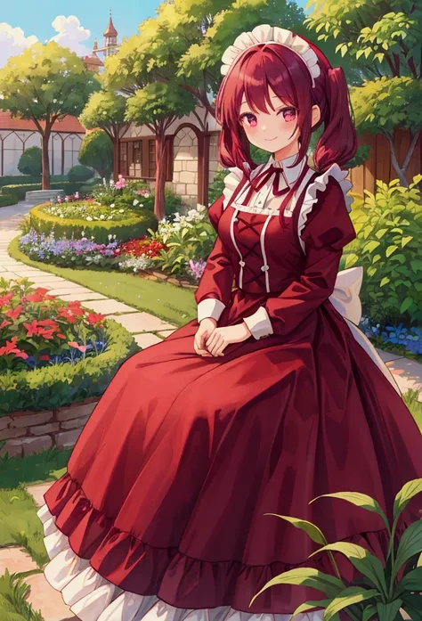  girl,Pigtails、smile、 maroon hair in the garden、 maid cap 、 Classic Maid Outfit、 Long Skirt、Fantasy World Town