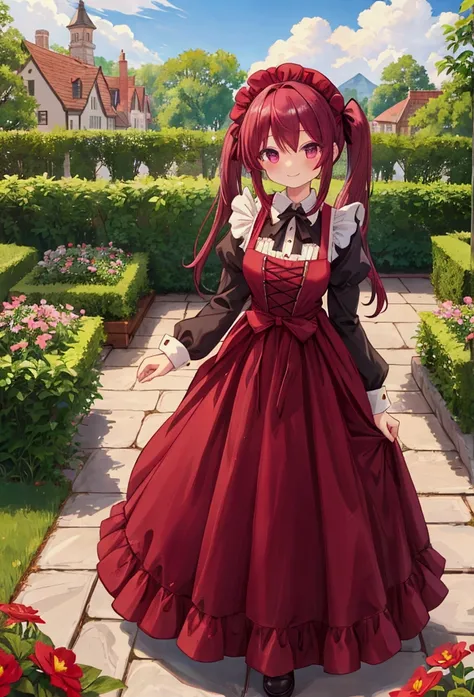  girl,Pigtails、smile、 maroon hair in the garden、 maid cap 、 Classic Maid Outfit、 Long Skirt、Fantasy World Town