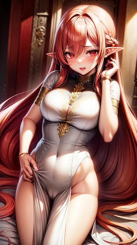  anime girl image,red eyes, red hair,Elf ears,eleven, white dress ,long skirt,Milf,adult woman, long hair , wavy hair,beautiful, seductive face , seductive face ,Dressed like an angel, with gold detail on the waist , with transparent lace sleeves,with gold...