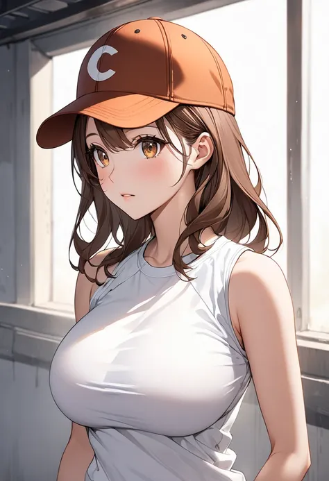 20 year old girl, Alone, single,  slim figure,  big boobs,  natural brown perm hair that falls below the shoulders, Warm and expressive eyes , Casual and stylish training wear,  white t-shirt , Baseball cap