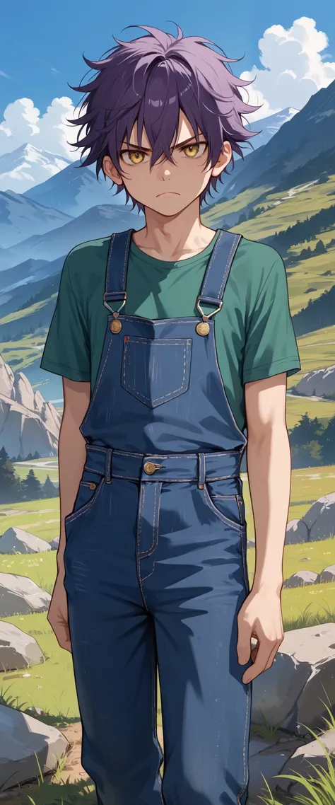 score_9_up, score_8_up, score_7_up, 1boy, solo, source_anime, young man, ((sfw, rating: general)) BREAK

Purple hair, messy hair, short hair BREAK yellow eyes, hair between eyes BREAK 

Green shirt, short sleeves, overalls BREAK 

Glaring face, closed mout...