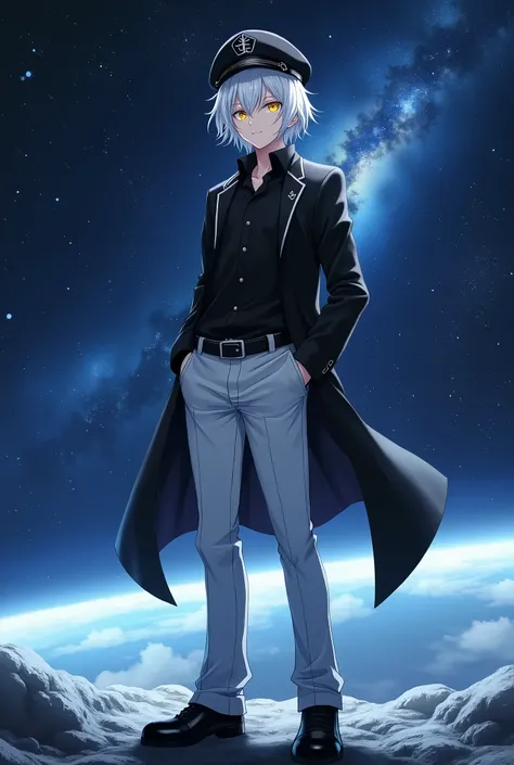 highly detailed, anime male character, wearing a black sailor hat, short white hair, yellow eyes, fair skin, smiling, black shirt, black coat, long white pants, black shoes, 1.80m tall, standing in outer space background, cool and confident expression, cin...