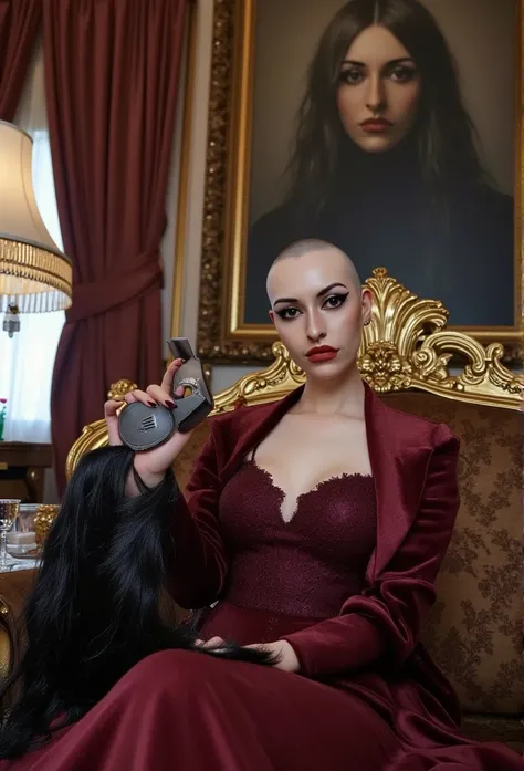 (((pale skin totally bald "winged demon" woman))), in bedroom with evil sexy seductive vibe, (((completely bald head))). (((looking at viewer))). (((she is holding in her left hand a "Wahl" hair clipper))). (((She is holding in her right hand long cut stra...