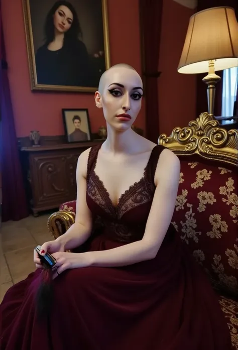 (((pale skin totally bald "winged demon" woman))), in bedroom with evil sexy seductive vibe, (((completely bald head))). (((looking at viewer))). (((she is holding in her left hand a "Wahl" hair clipper))). (((She is holding in her right hand long cut stra...