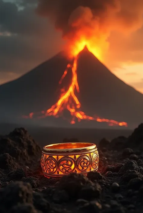 A dramatic scene inspired by The Lord of the Rings, featuring a volcano erupting in the background with lava flowing down its sides. In the foreground, a golden ring glimmers with intricate designs, symbolizing power and temptation. The atmosphere is dark ...