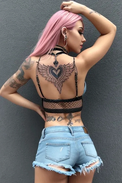 1 beautiful young woman,high quality face, arm tattoo, back tattoo, black choker, blonde hair, blue eyes, bracelet, breasts, chest tattoo, choker, cutoffs, denim shorts, earrings, eyeshadow, fishnet legwear, fishnets, heart tattoo, hoop earrings, jewelry, ...