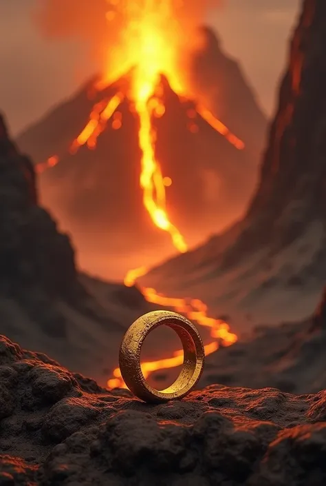 A dramatic scene from the Lord of the Rings, featuring a volcanic eruption in the background, with molten lava flowing down, and a golden ring prominently displayed in the foreground, surrounded by a mystical atmosphere, epic fantasy style, high detail, dy...