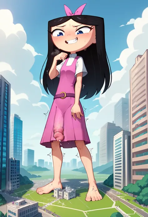 easynegative, safe_pos,score_9,score_8_up,score_7_up,score_6_up,source_anime, Giantess, macro, very sweaty, bigger than island, barefoot, Landscape, cityscape, smug expression, devious grin, isabella, pink tight dress, ribbon, black hair, white short sleev...