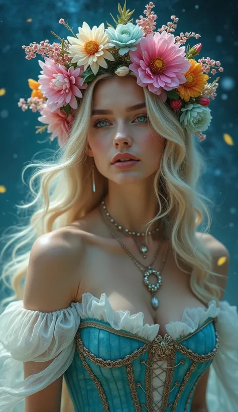 a close up of a woman wearing a corset and a flower crown, flower goddess, queen of flowers, amouranth, flower queen, fantasy photoshoot, fairycore, floralpunk elysian maiden, floral couture, ornate cosplay, very beautiful elven top model, belle delphine, ...