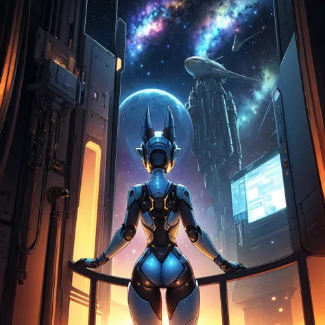 single female, furry, metallic, light blue, robotic, anthro, kobold, short, small breasts, thin body, standing in space ship, back against glass, science fiction, looking out window, galaxy, stars, high quality, masterpiece, dark lighting,
