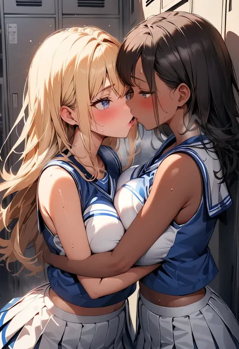 (  masterpiece on penis ,  top quality:1.2) 2 girls,  amazing shadows ,  detailed background,  hugging and kissing , Deep Kiss,  wearing a white and blue cheerleader uniform, locker room seen , At the same height,  dark-haired and tanned girl , Blond and b...