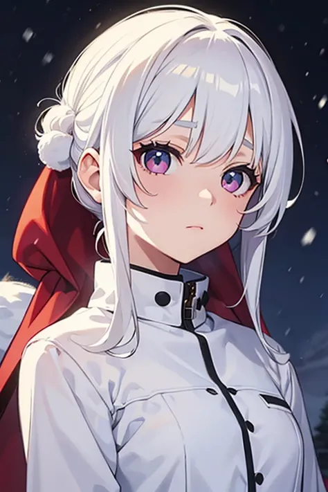 A girl with white hair and a beautiful face in a Santa suit standing alone on a snowy day