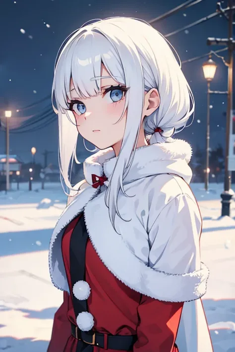 A girl with white hair and a beautiful face in a Santa suit standing alone on a snowy day