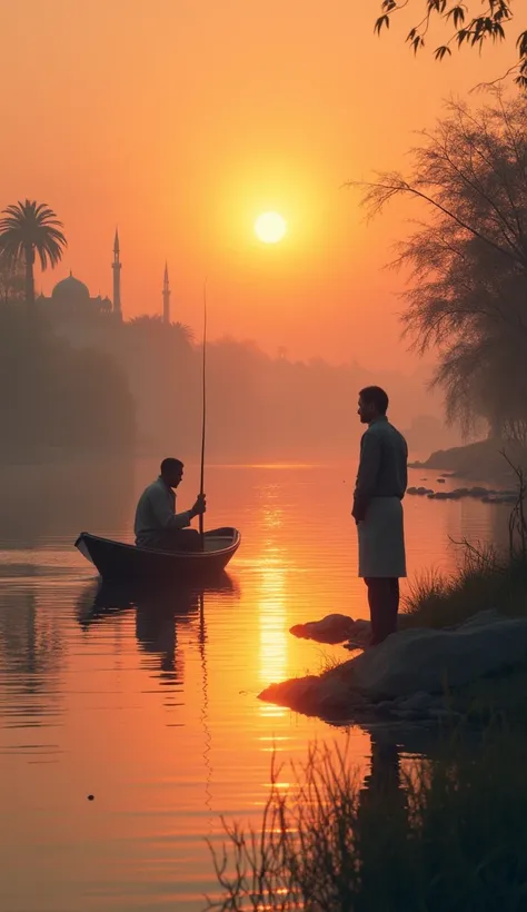 (Islamic) A final scene of the fisherman peacefully fishing on his boat under the setting sun, with his content smile. The businessman stands on the riverbank, deep in thought.