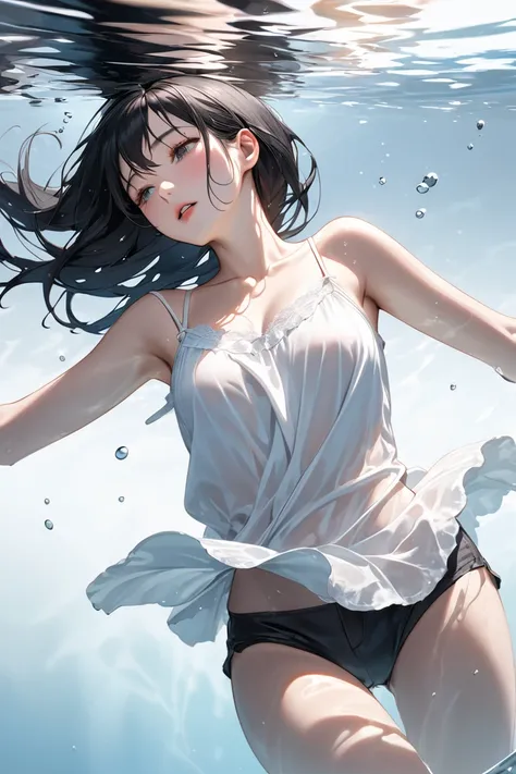 Ultra-realism

drowning woman
floating in the water surface
Mouth slightly open
black hair
white long length camisole
hip line
flont view