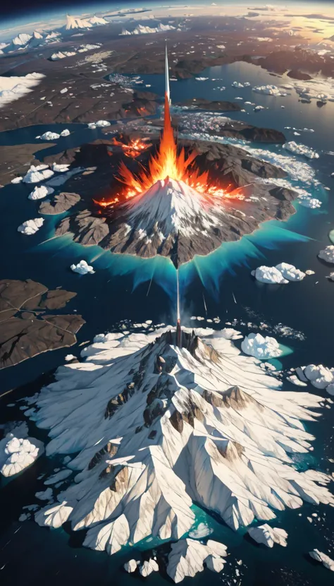 Massive volcanic eruption 、 global eruption 、(Take a picture of the entire island of Greenland:1.2)、 Photos from Space 、 showing the whole of Greenland {x} The eruption reached the stratosphere々 spreading across the earth 、dusk、The eruption light 、 realist...