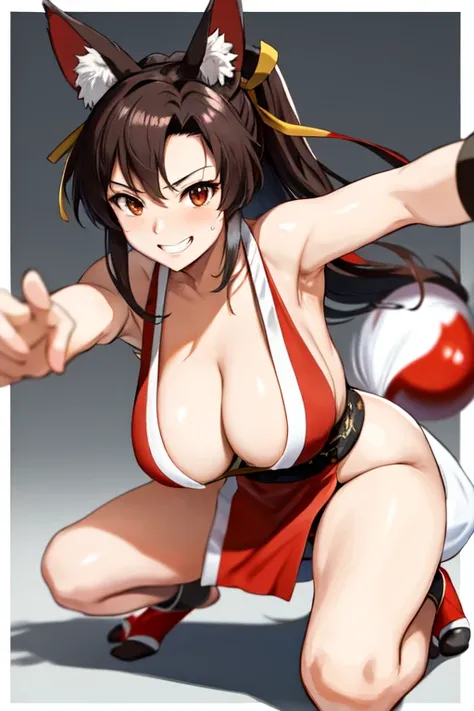 masterpiece, best quality, beautiful art, high resolution, well formed hands, body and fingers, 1 woman, solo, Imaizumi Kagerou, wolf ears and wolf tail, 31 years old, , cosplaying as Mai Shiranui , mai_shiranui_cosplay, adult, red sexy Japanese clothes, l...