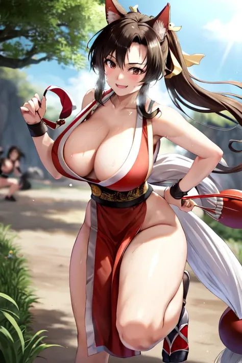 masterpiece, best quality, beautiful art, high resolution, well formed hands, body and fingers, 1 woman, solo, Imaizumi Kagerou, wolf ears and wolf tail, 31 years old, , cosplaying as Mai Shiranui , mai_shiranui_cosplay, adult, red sexy Japanese clothes, l...