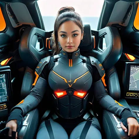 Highly detailed photo of a girl, SF soldier, 25yo, Mech warrior of women mercenary, Hyper huge saggy boobs, (body armored on body suit), wide open chest, sitting like a queen, Stately and dignified, Very dissatisfied look, (headset, Powerful and beautiful ...